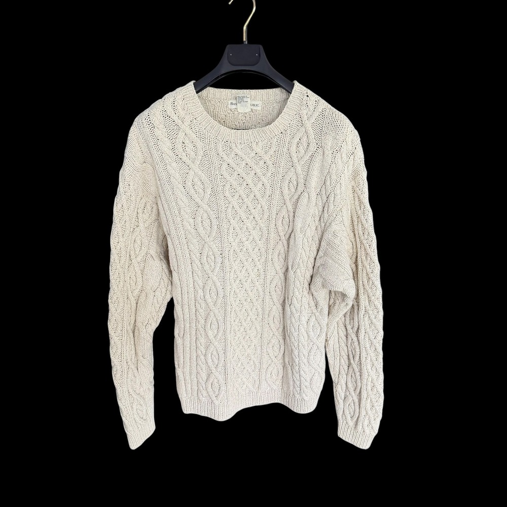 Banana Republic Mens Silk Cotton Linen Cable Knit Fisherman Sweater Cream Medium